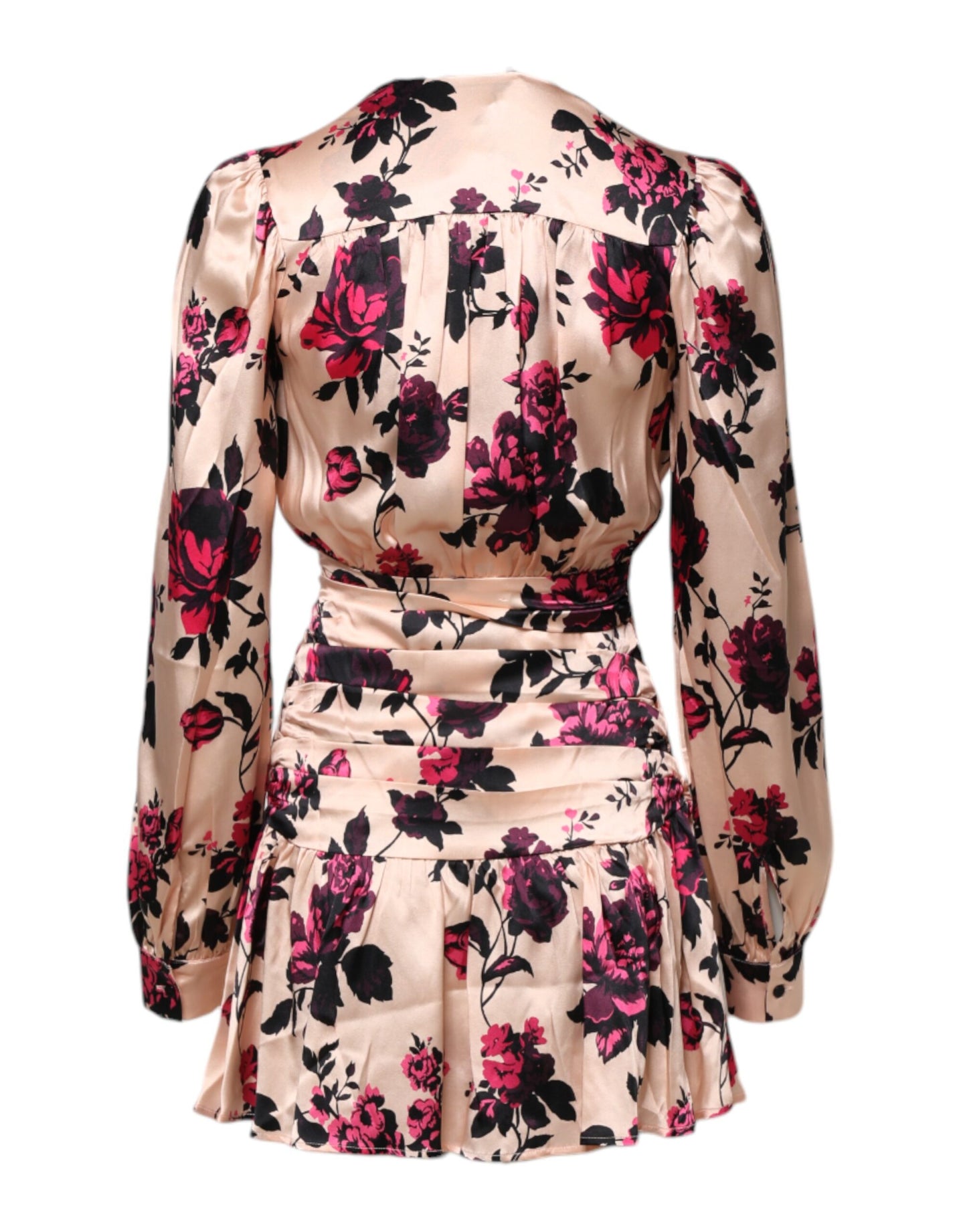 Laneus Pink Floral Silk Long Sleeves V-neck Wrap Mini Dress