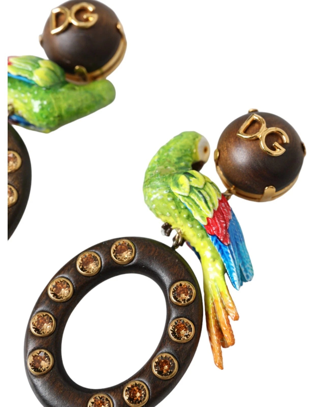 Dolce & Gabbana Multicolor Parrot Wood Brass Crystal Embellished Earrings