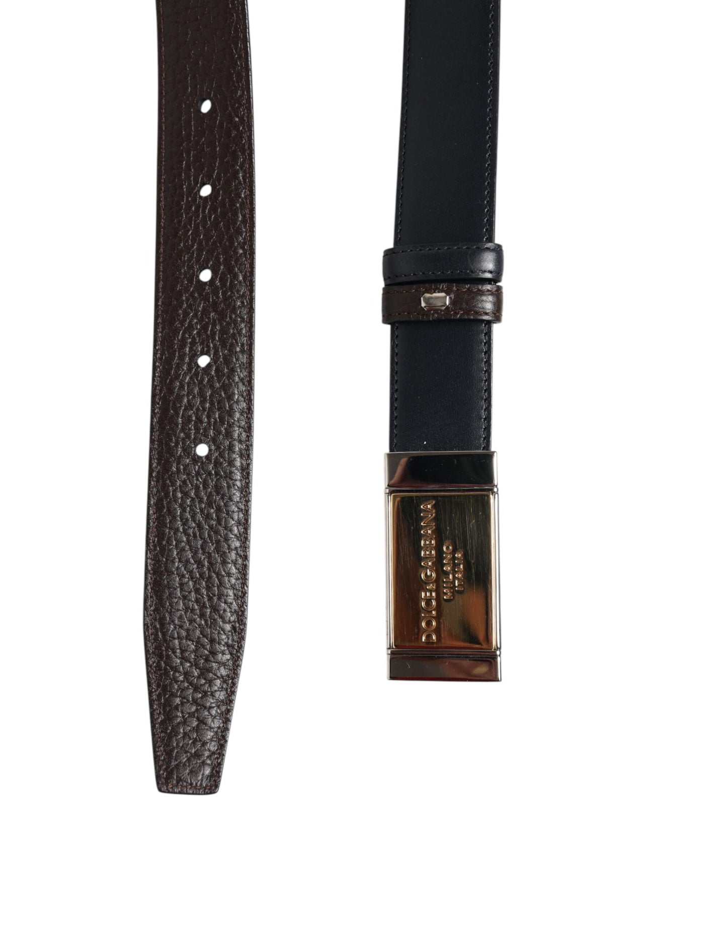 Black Blue Leather Gold Buckle Reversible Belt