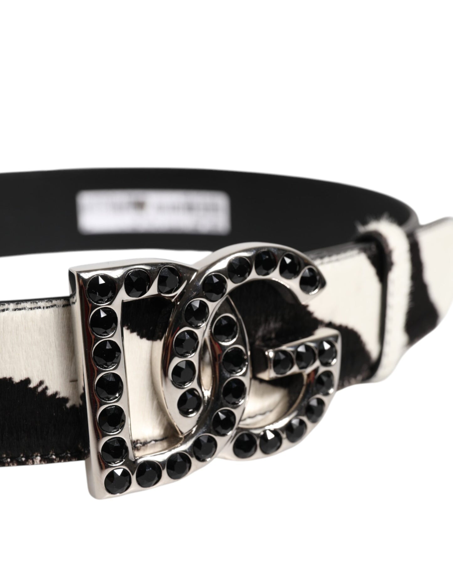 White Black Leather Zebra DG Crystal Buckle Belt