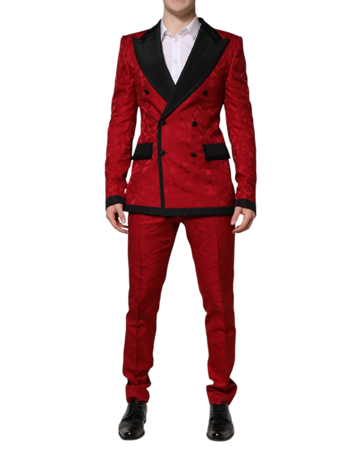 Red Floral Jacquard Double Breasted 2 Pc Suit