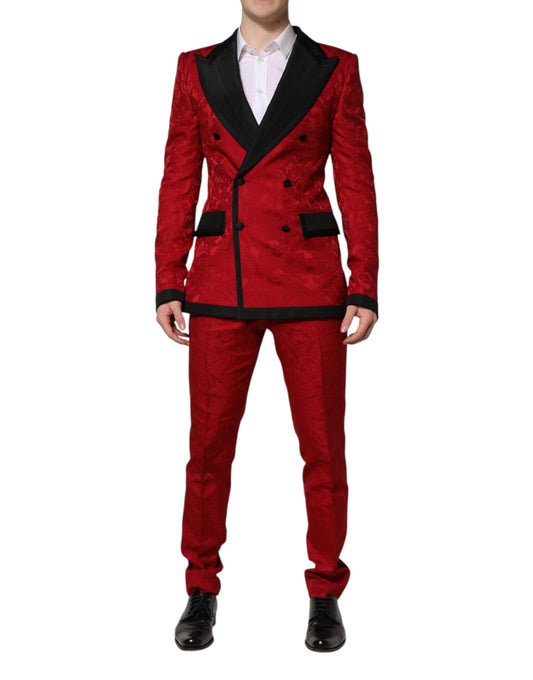 Red Floral Jacquard Double Breasted 2 Pc Suit