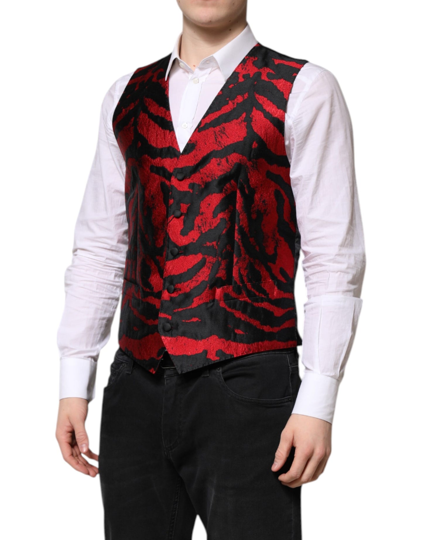 Dolce & Gabbana Red Black Stripe Dress Formal Waistcoat Vest
