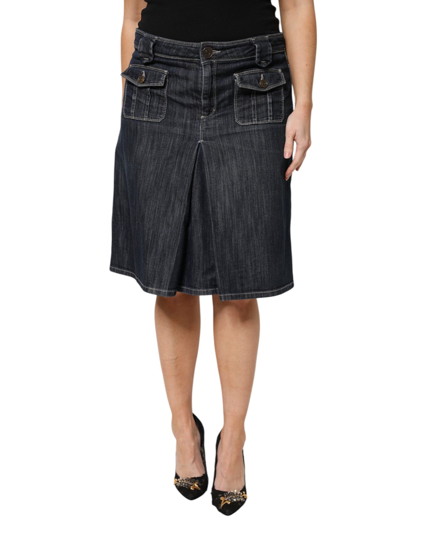 Escada Black Cotton Blend Denim Top Skirt Casual Set
