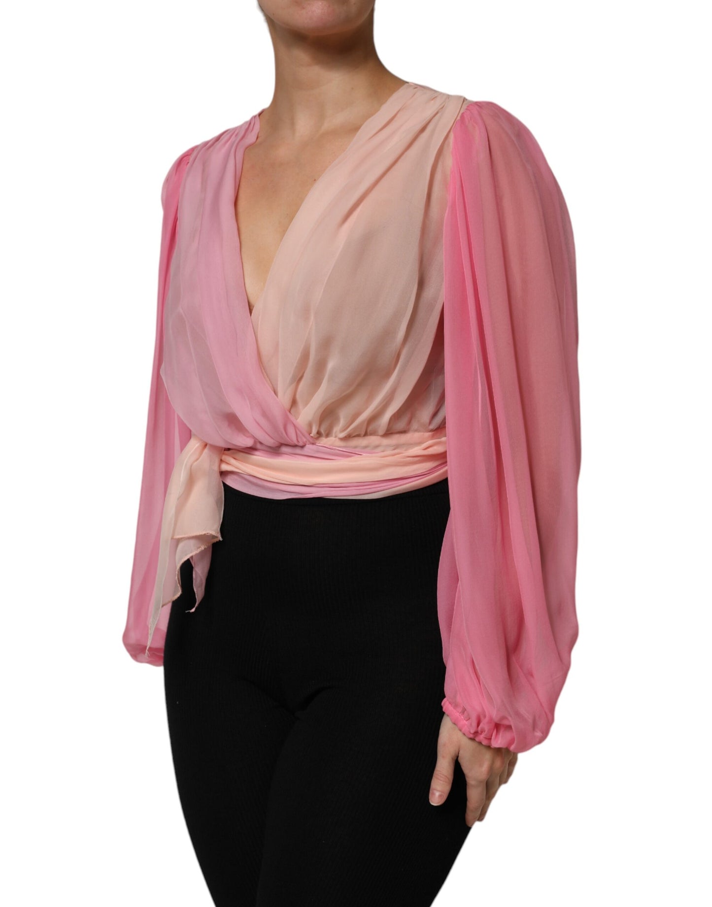 Dolce & Gabbana Pink Plunging V-neck Long Sleeves Blouse Top