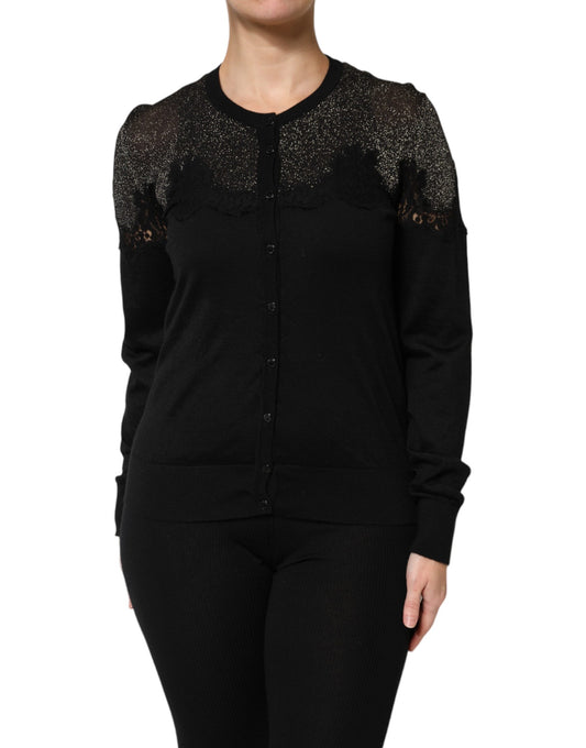 Black Viscose Lace Buttoned Cardigan Sweater