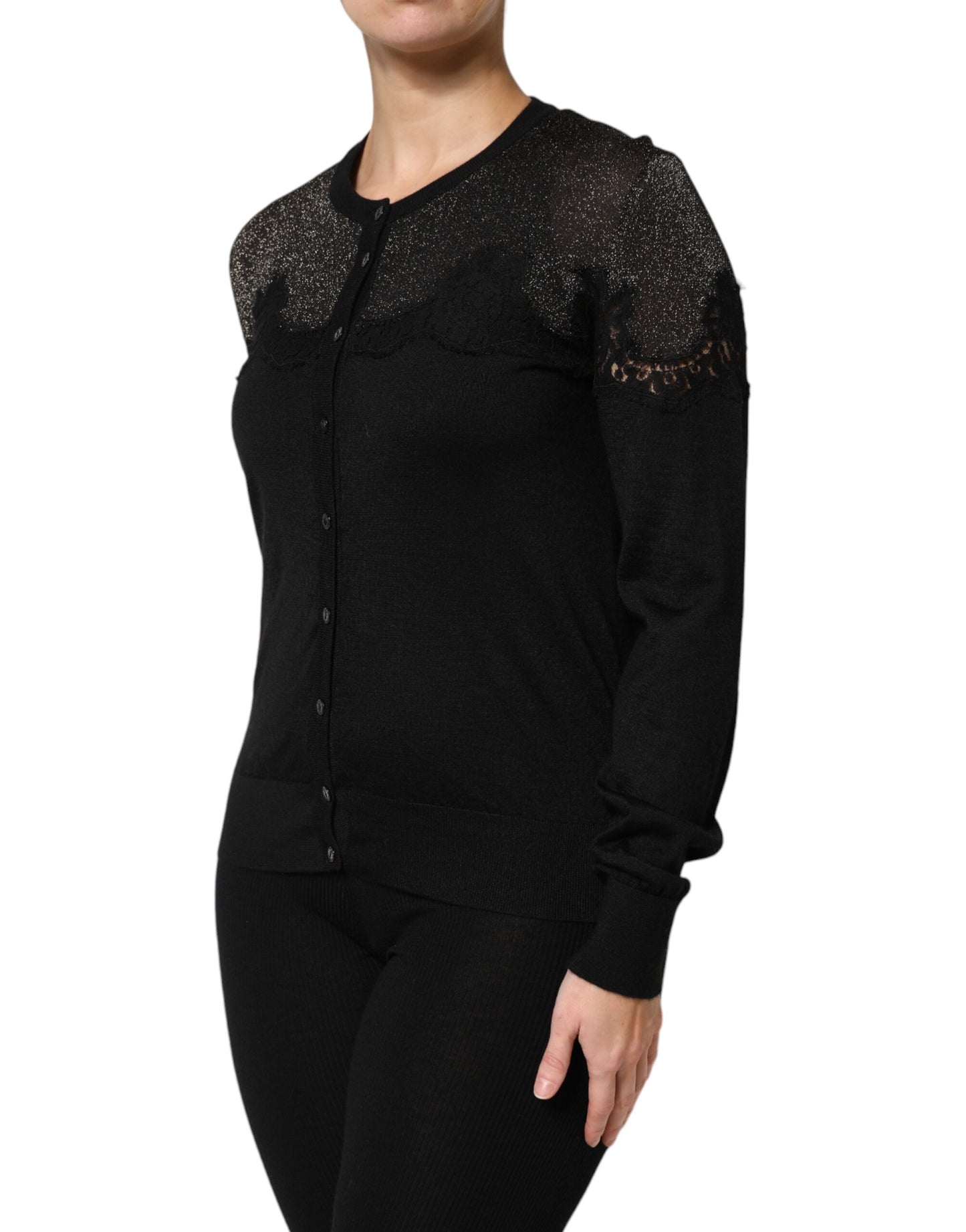 Black Viscose Lace Buttoned Cardigan Sweater