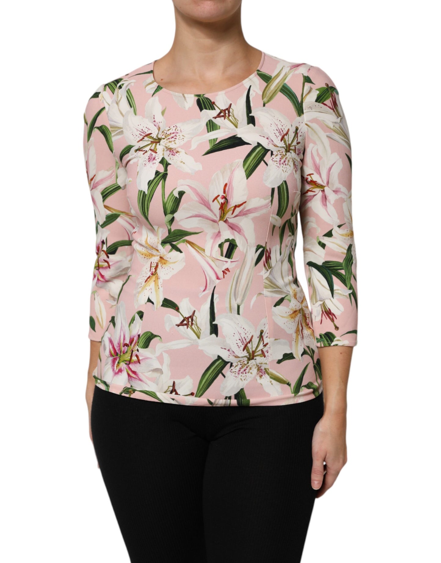 Dolce & Gabbana Pink Lily Print Viscose Round Neck Blouse Top