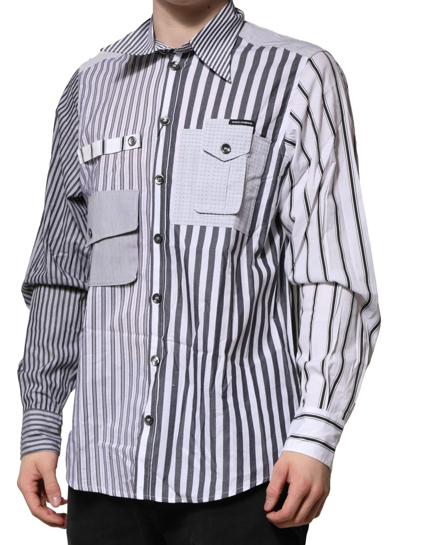 Dolce & Gabbana White Gray Striped Cotton Men Casual Shirt