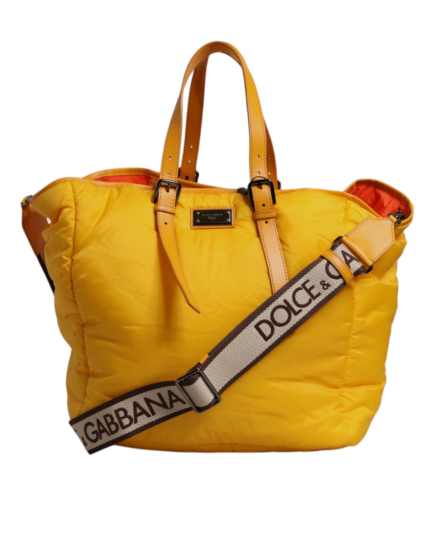 Yellow Orange Nylon Logo Plaque Hand Shoulder Tote Bag