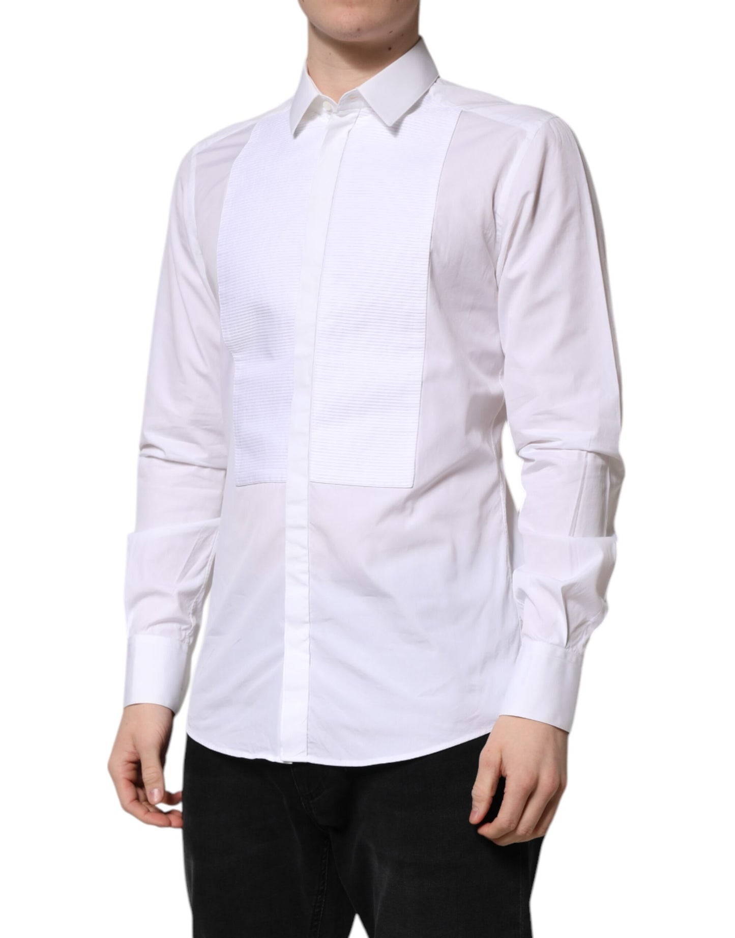 Dolce & Gabbana White GOLD Cotton Bib Dress Formal Shirt