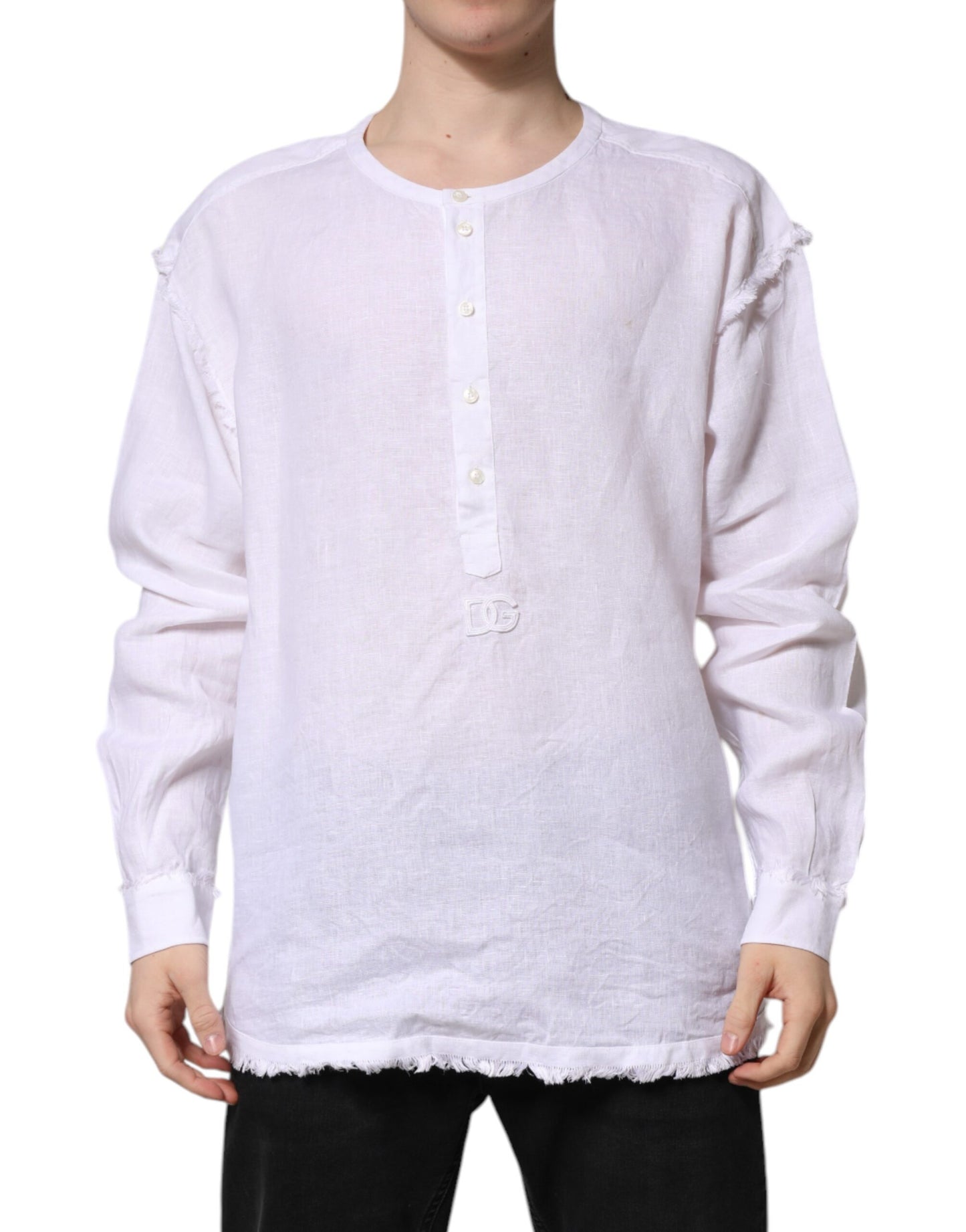 Dolce & Gabbana White Linen Long Sleeves Casual Men Shirt