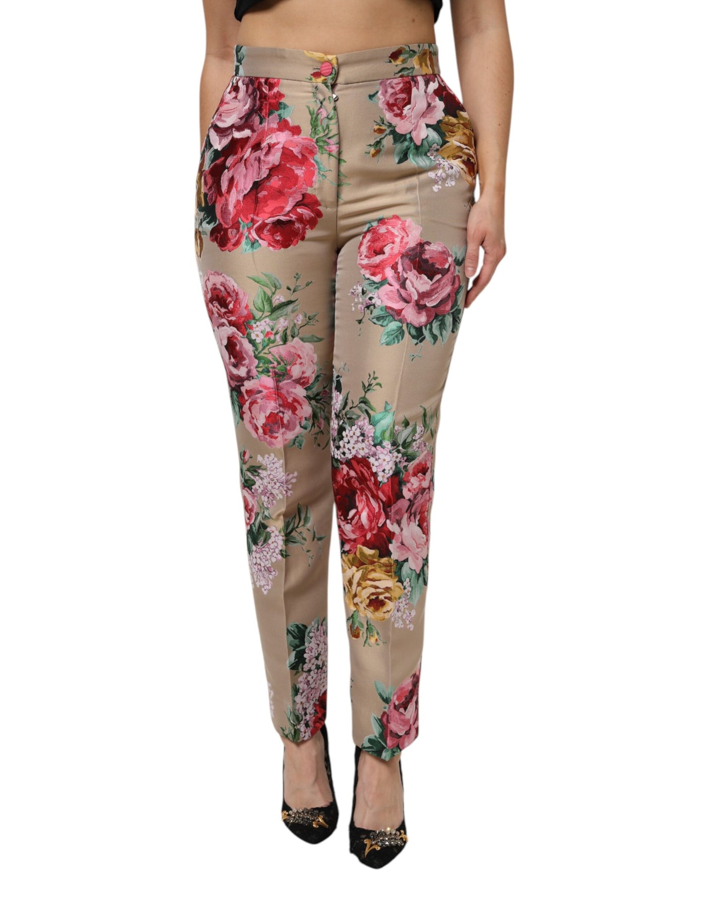 Beige Floral Print Women High Waist Pants