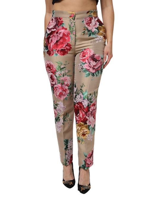 Beige Floral Print Women High Waist Pants