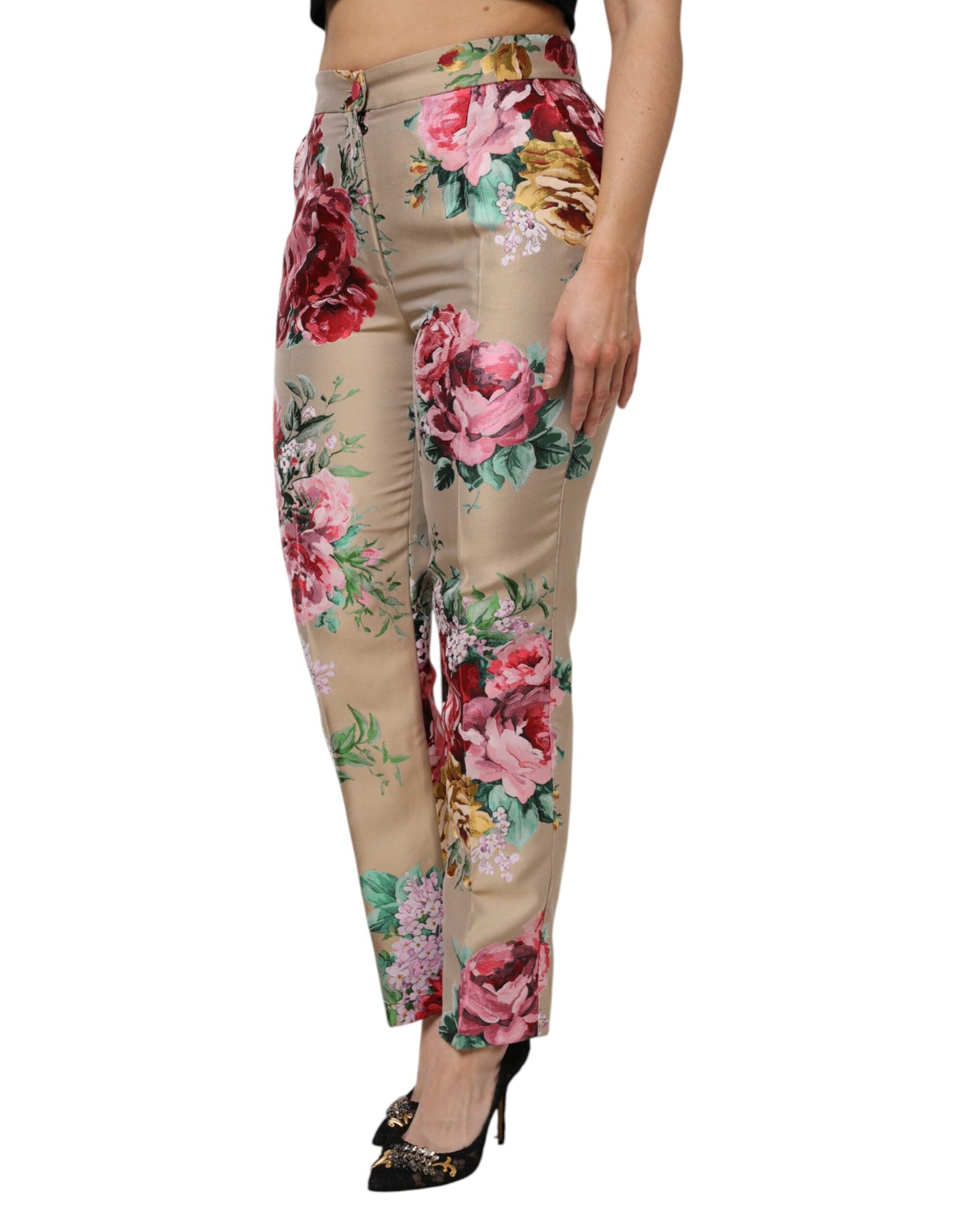 Beige Floral Print Women High Waist Pants