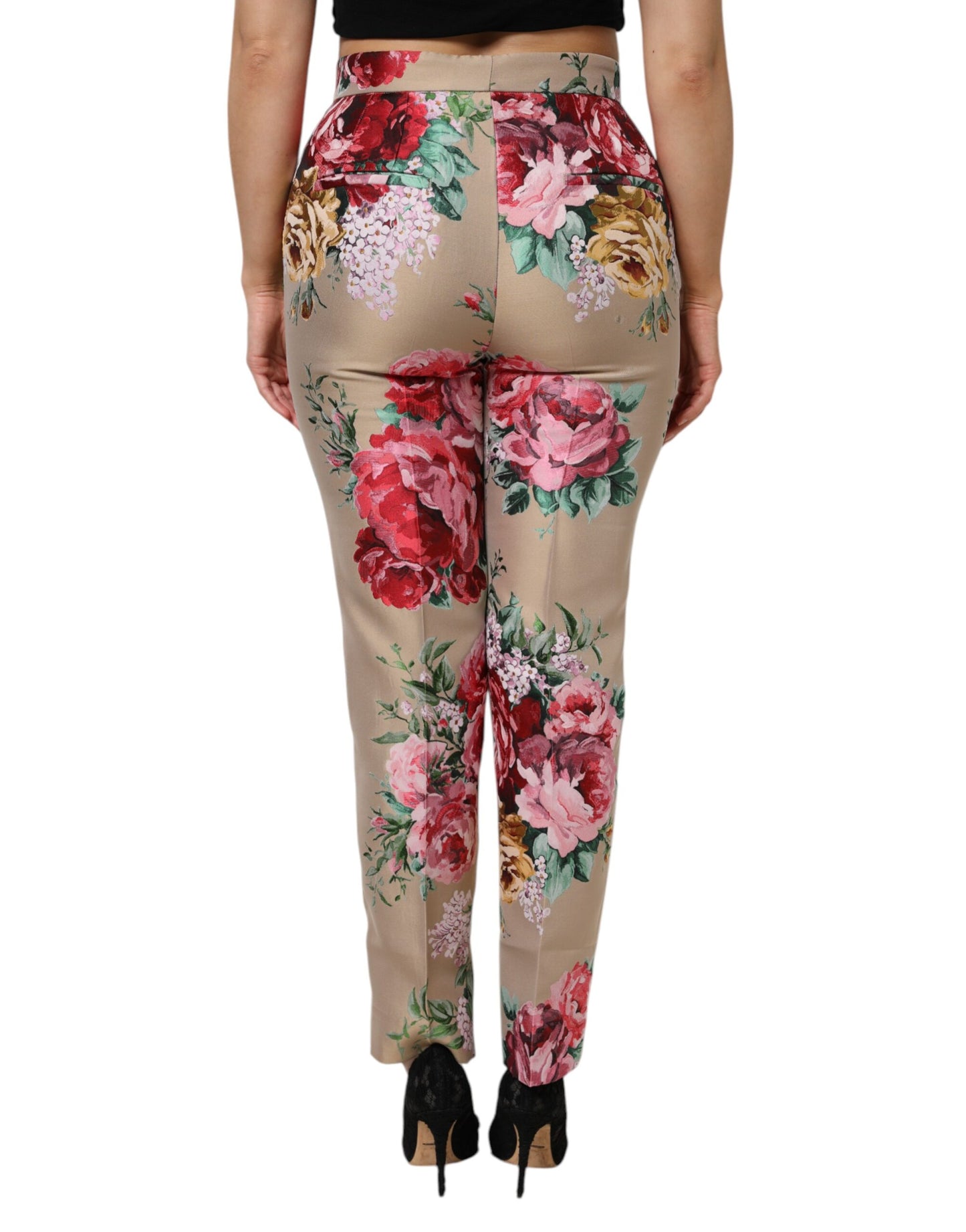 Beige Floral Print Women High Waist Pants
