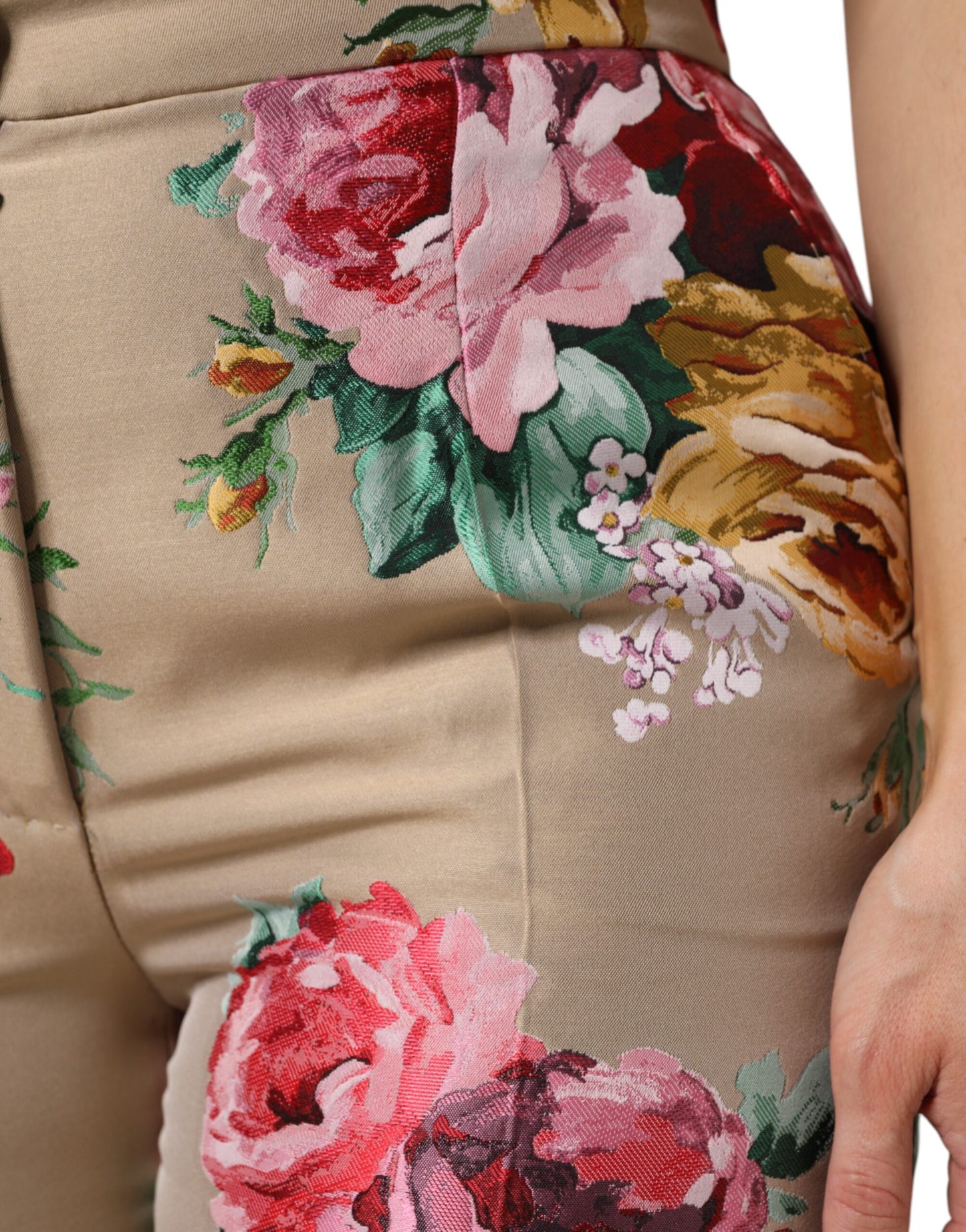 Beige Floral Print Women High Waist Pants