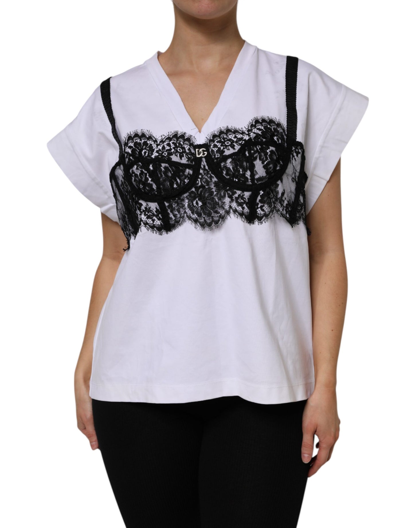 White Lace Cotton V-Neck Short Sleeves Top
