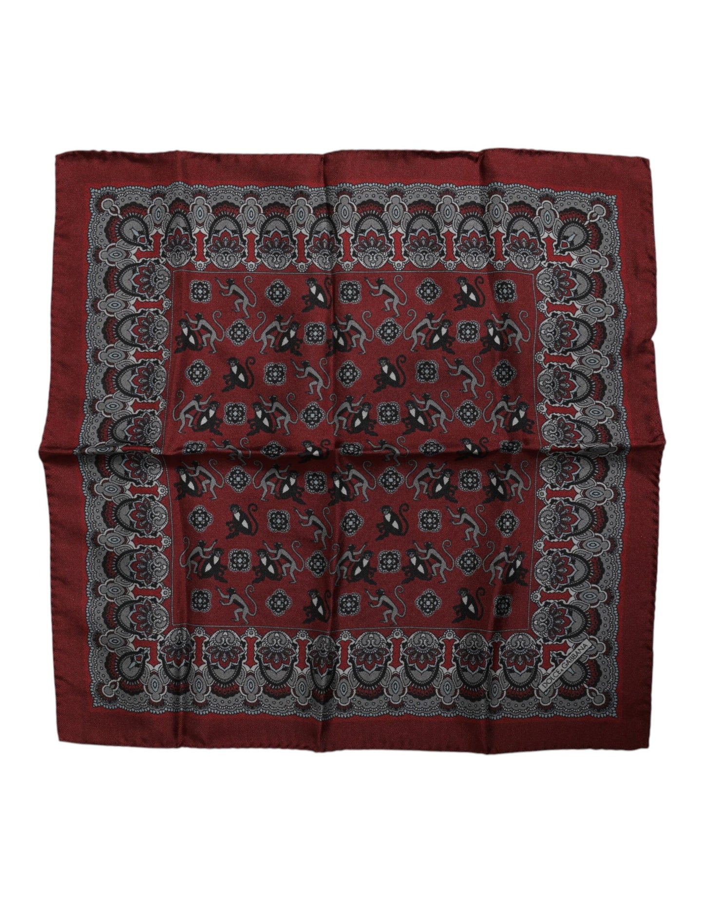 Dolce & Gabbana Maroon Monkey Print Silk Square Foulard Scarf