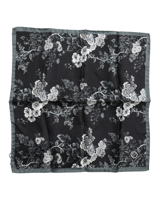 Black Floral Print Silk Square Foulard Scarf