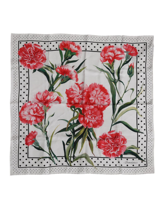 White Floral Print Silk Square Foulard Scarf