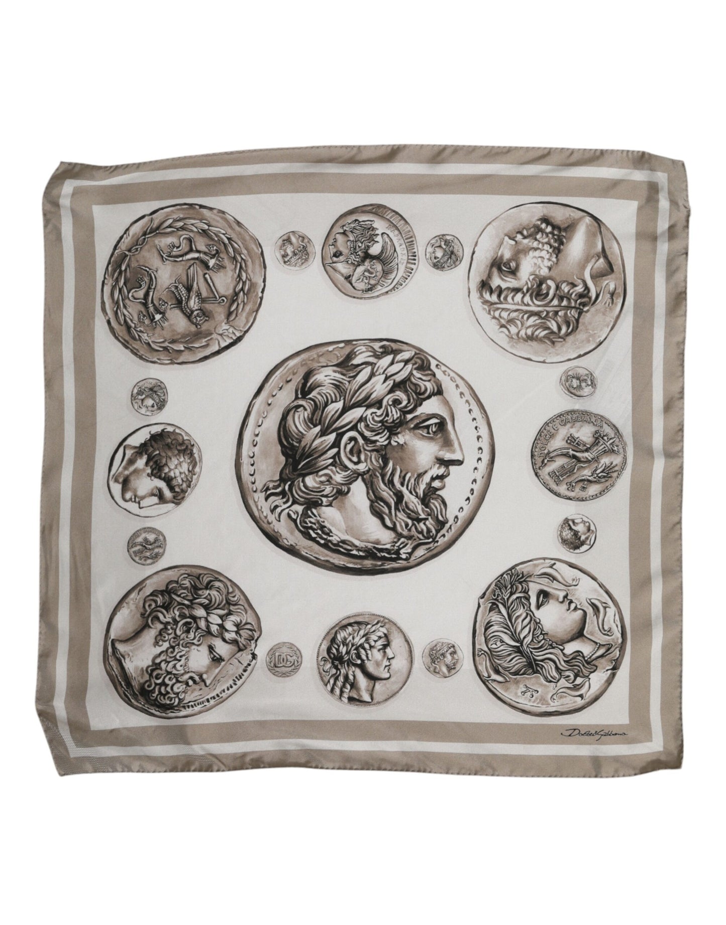 Beige Graphic Silk Square Men Foulard Scarf