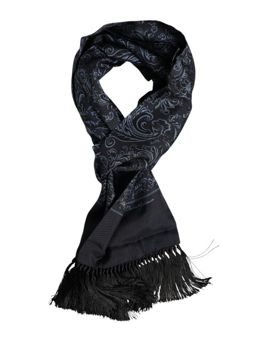Blue Printed Silk Fringes Men Foulard Scarf