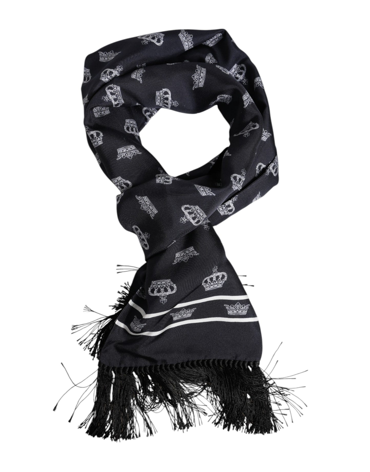 Dolce & Gabbana Black Silk Crown Fringes Men Foulard Scarf