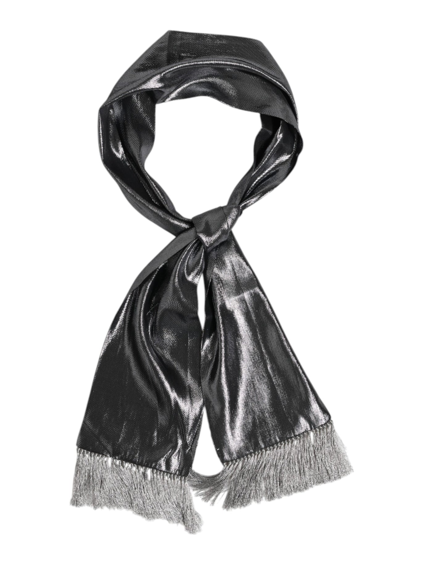 Metallic Gray Silk Fringes Foulard Scarf