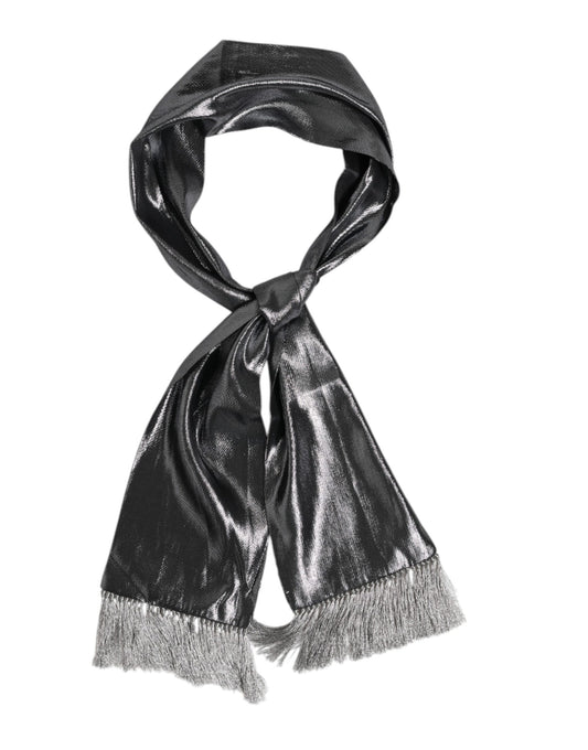 Metallic Gray Silk Fringes Foulard Scarf