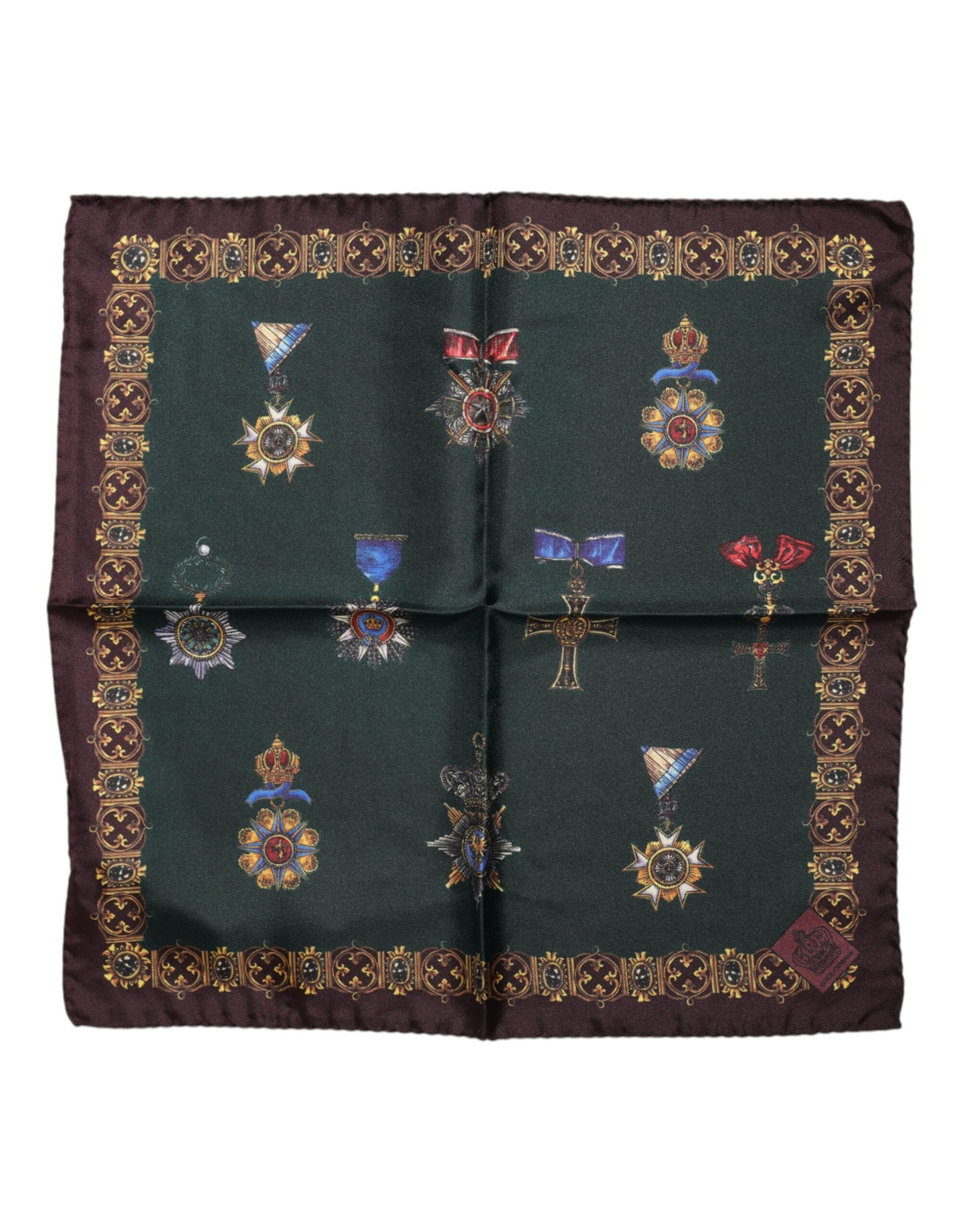 Dolce & Gabbana Green Medals Silk Square Foulard Scarf