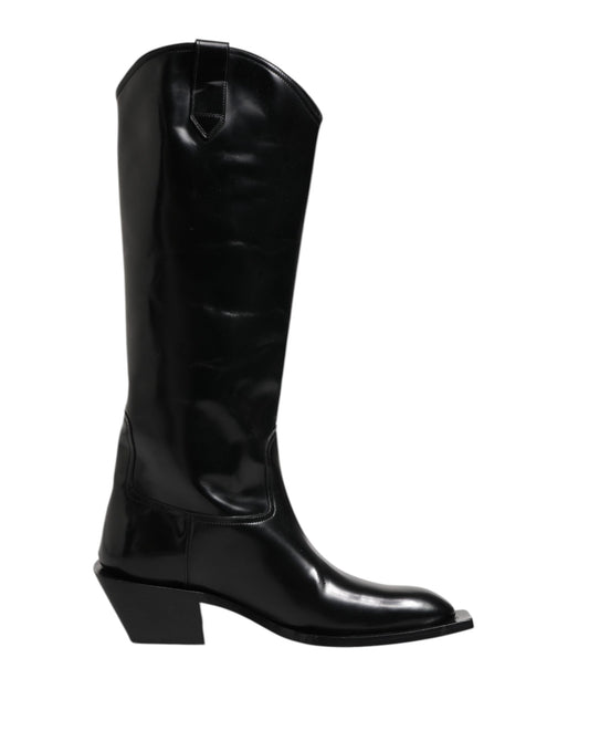 Black Calfskin Leather Logo High Boots Shoes
