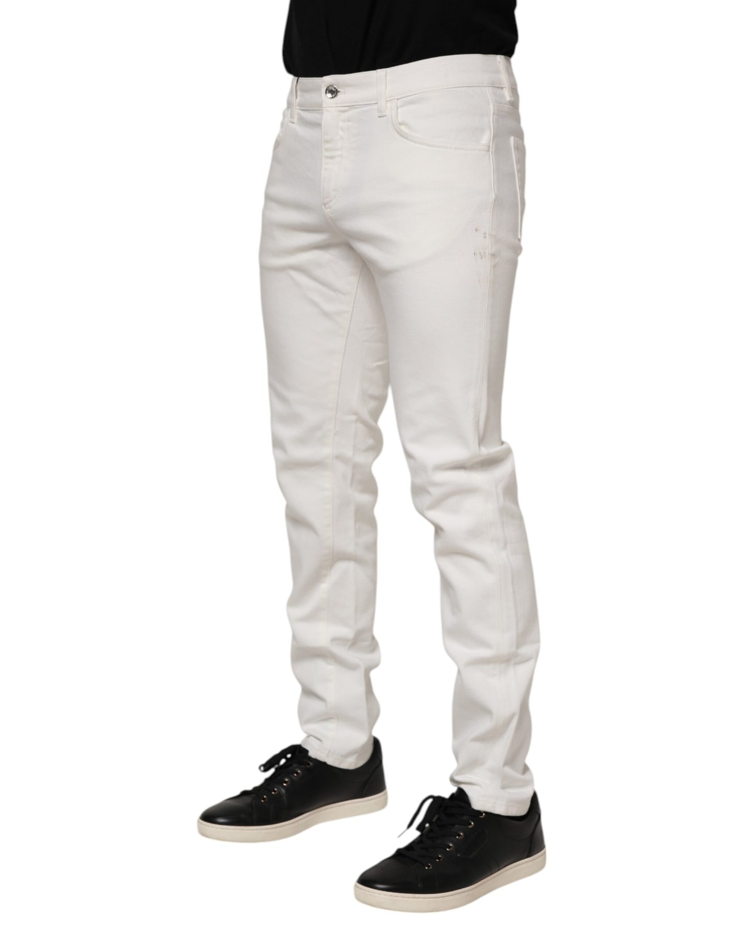 Dolce & Gabbana White Cotton Logo Plaque Slim Fit Denim Jeans