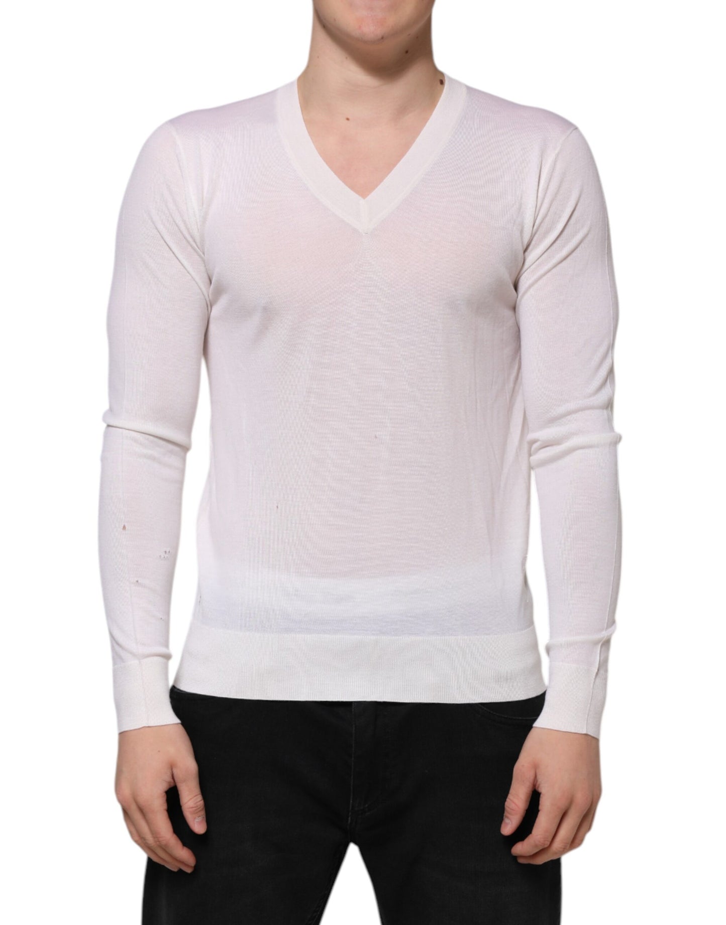 Dolce & Gabbana White Cashmere Logo V-neck Pullover Sweater