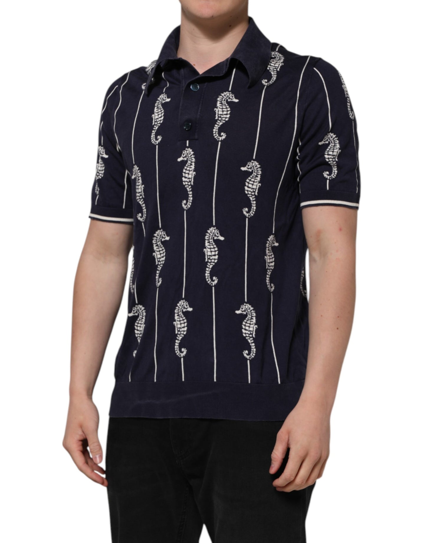 Dolce & Gabbana Dark Blue Sea Horse Collared Polo T-shirt