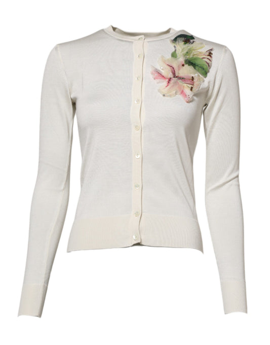 White Silk Lily Buttoned Cardigan Sweater