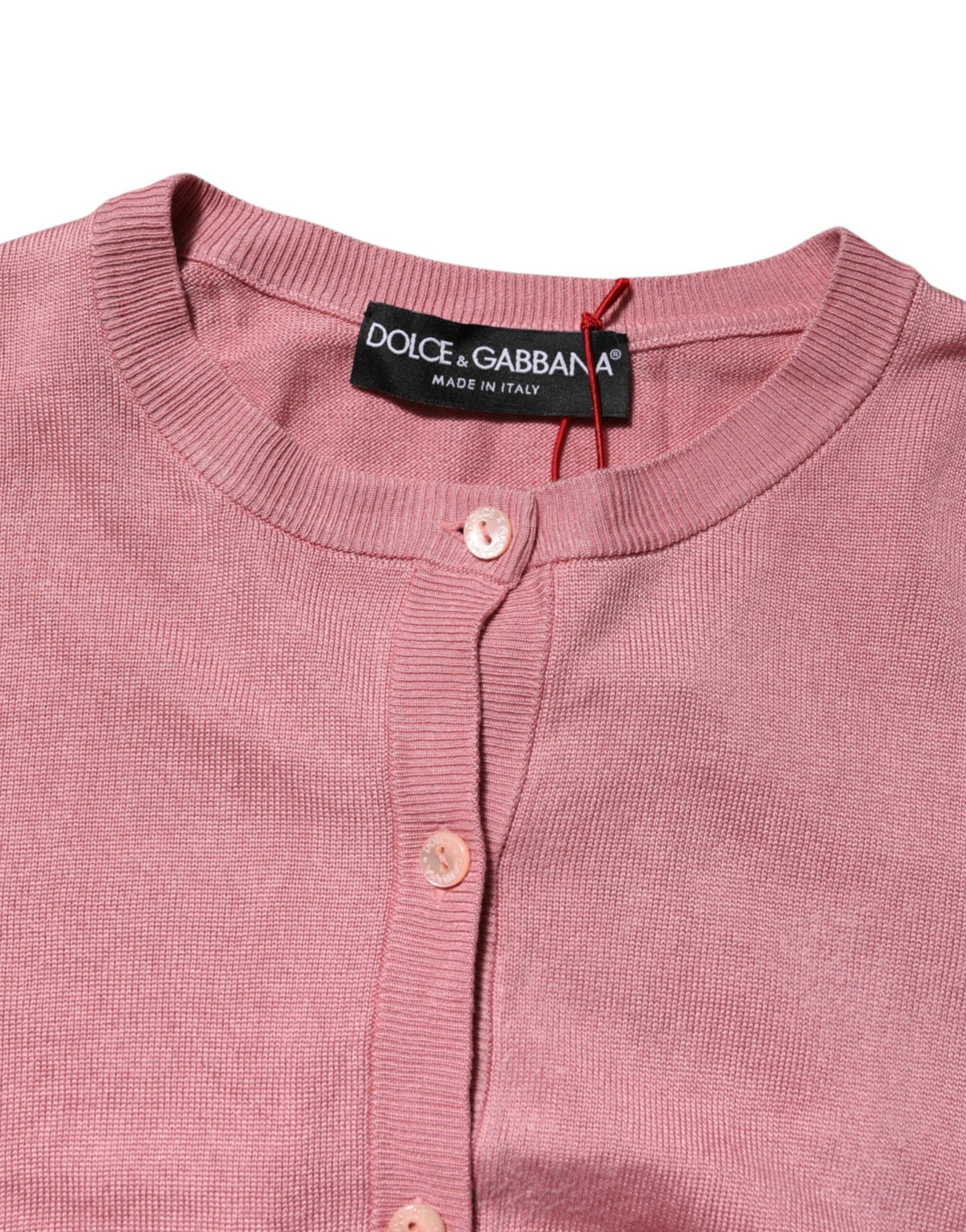 Dolce & Gabbana Pink Silk Cropped Crew Neck Cardigan Sweater