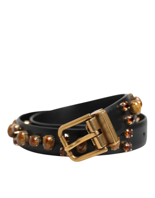Black Leather Studded Gold Tone Buckle Belt