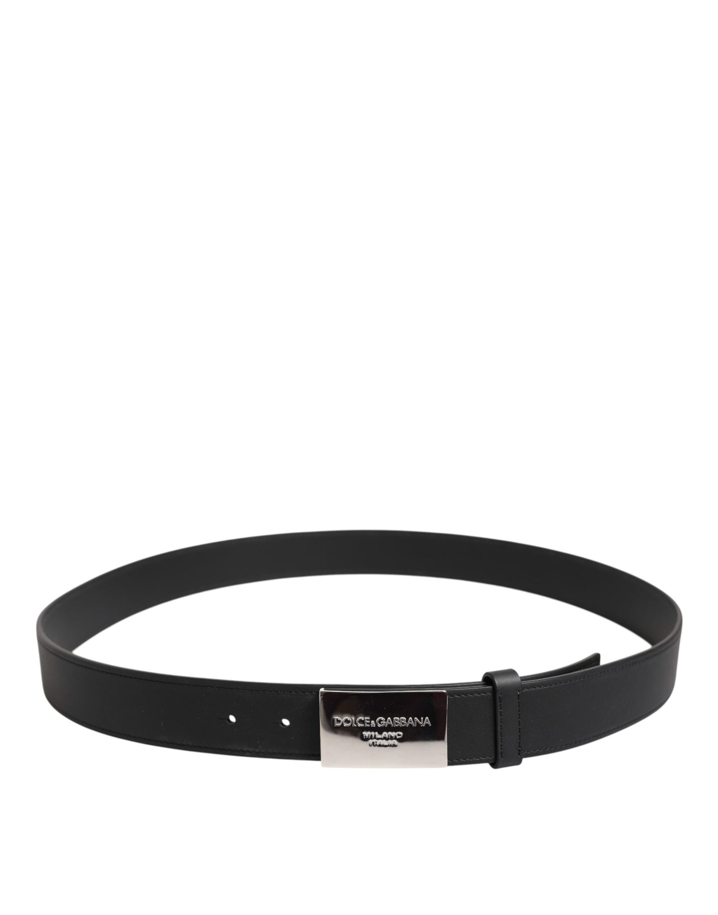 Black Leather Silver Metal Logo Buckle Belt