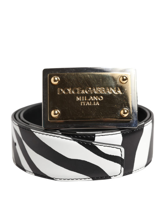 Black White Zebra Gold Metal Logo Buckle Belt