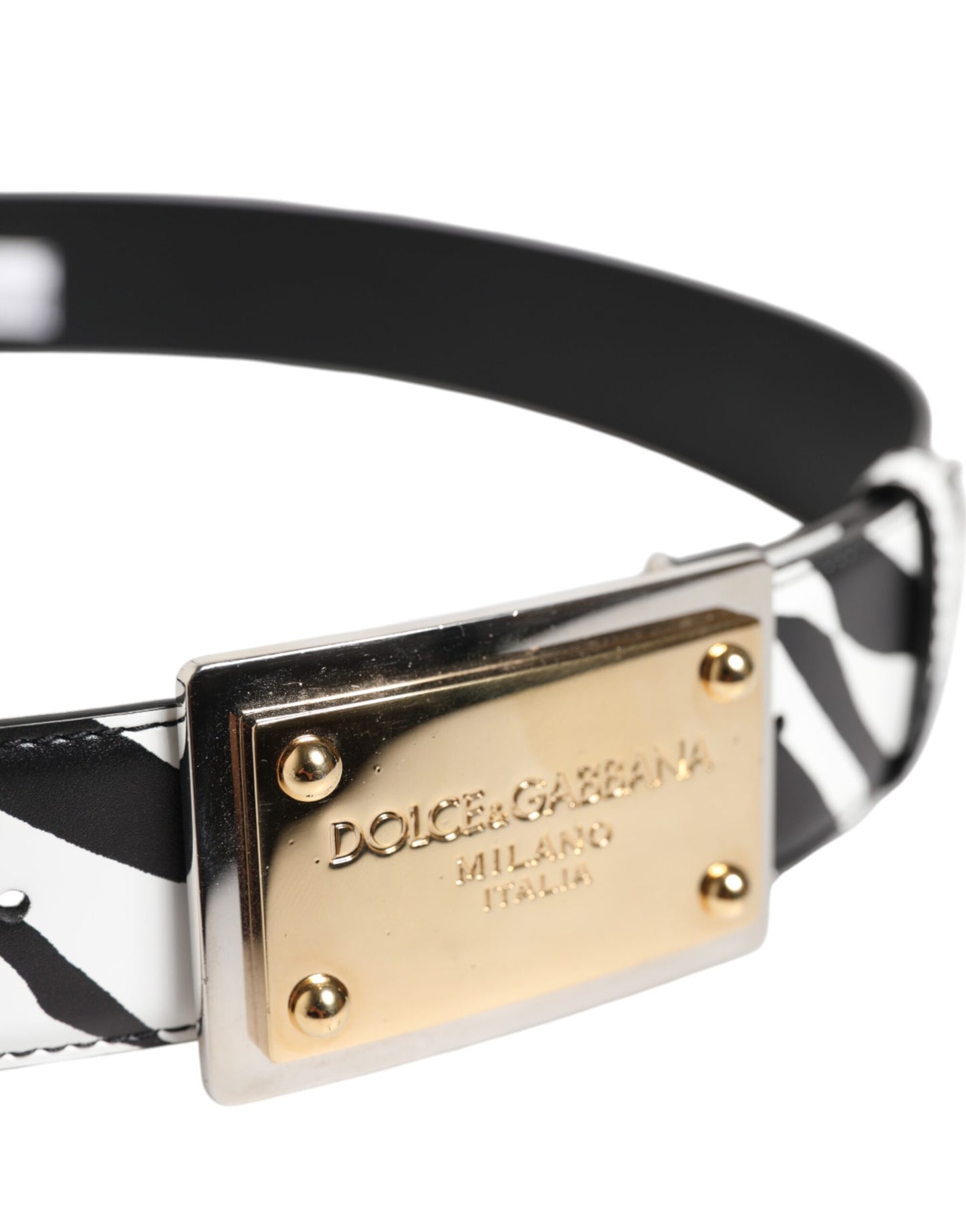 Black White Zebra Gold Metal Logo Buckle Belt