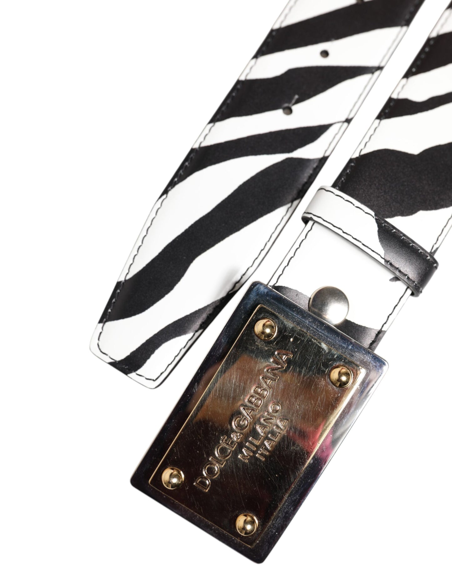 Black White Zebra Gold Metal Logo Buckle Belt