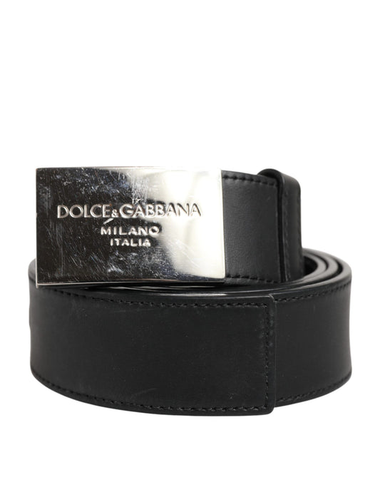 Black Leather Classic Metal Logo Buckle Belt