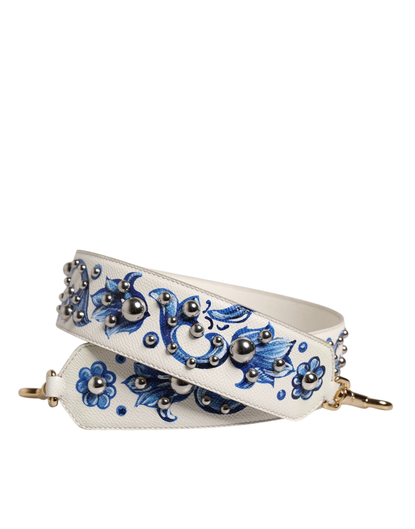 White Blue Floral Leather Stud Accessory Shoulder Strap