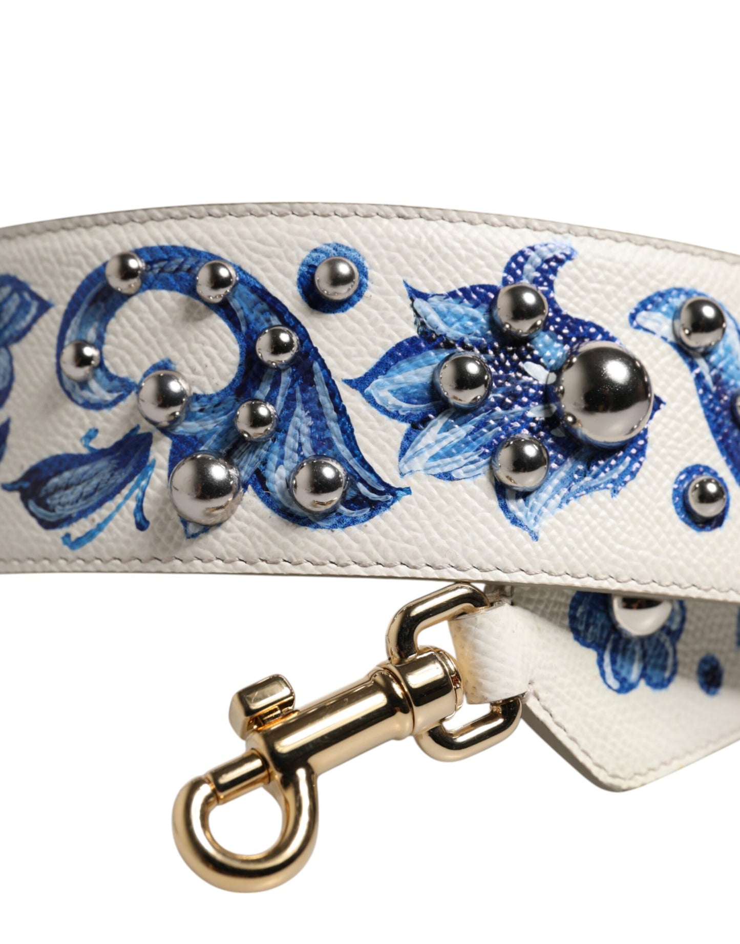 White Blue Floral Leather Stud Accessory Shoulder Strap