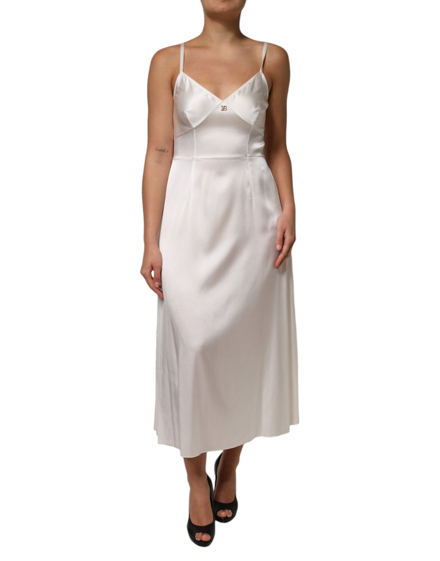 White DG Logo Full Slip Silk Dress Sleepwear