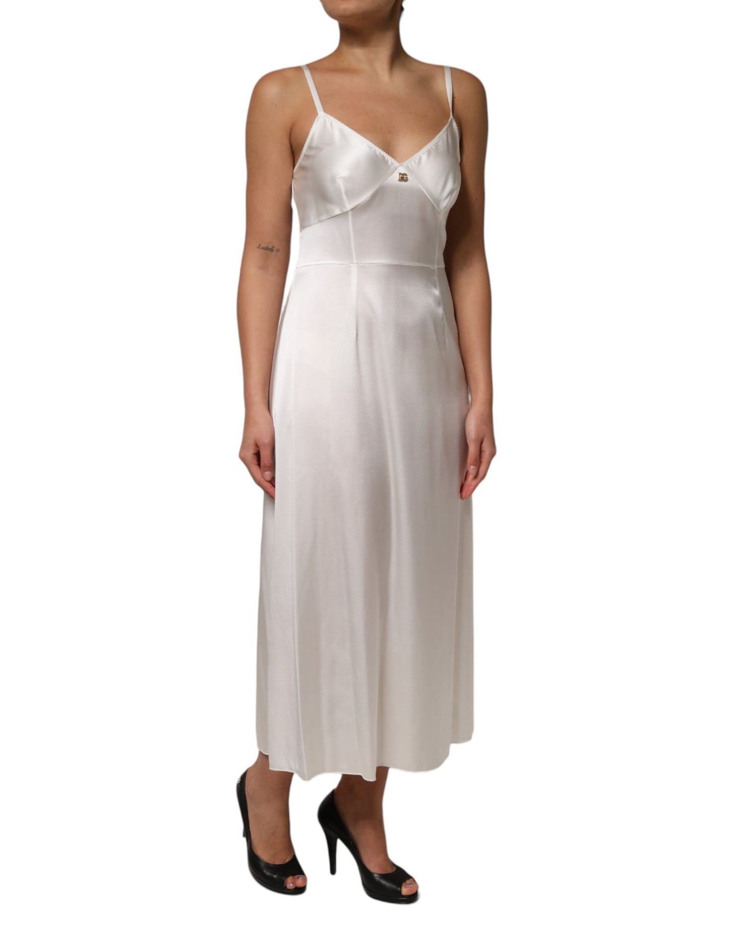 White DG Logo Full Slip Silk Dress Sleepwear