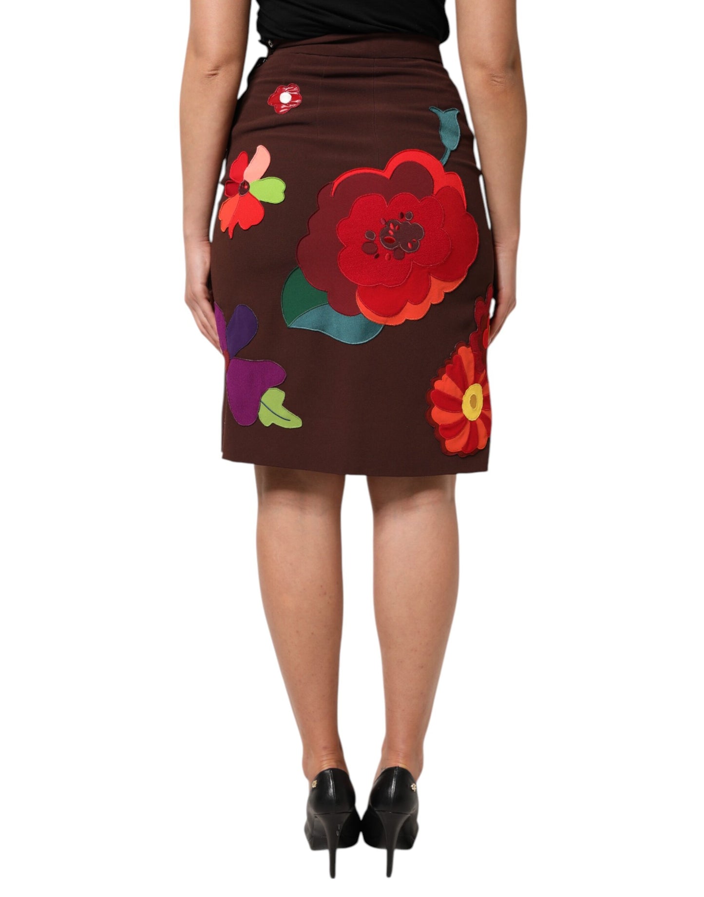 Dolce & Gabbana Brown Floral High Waist Side Slit Skirt