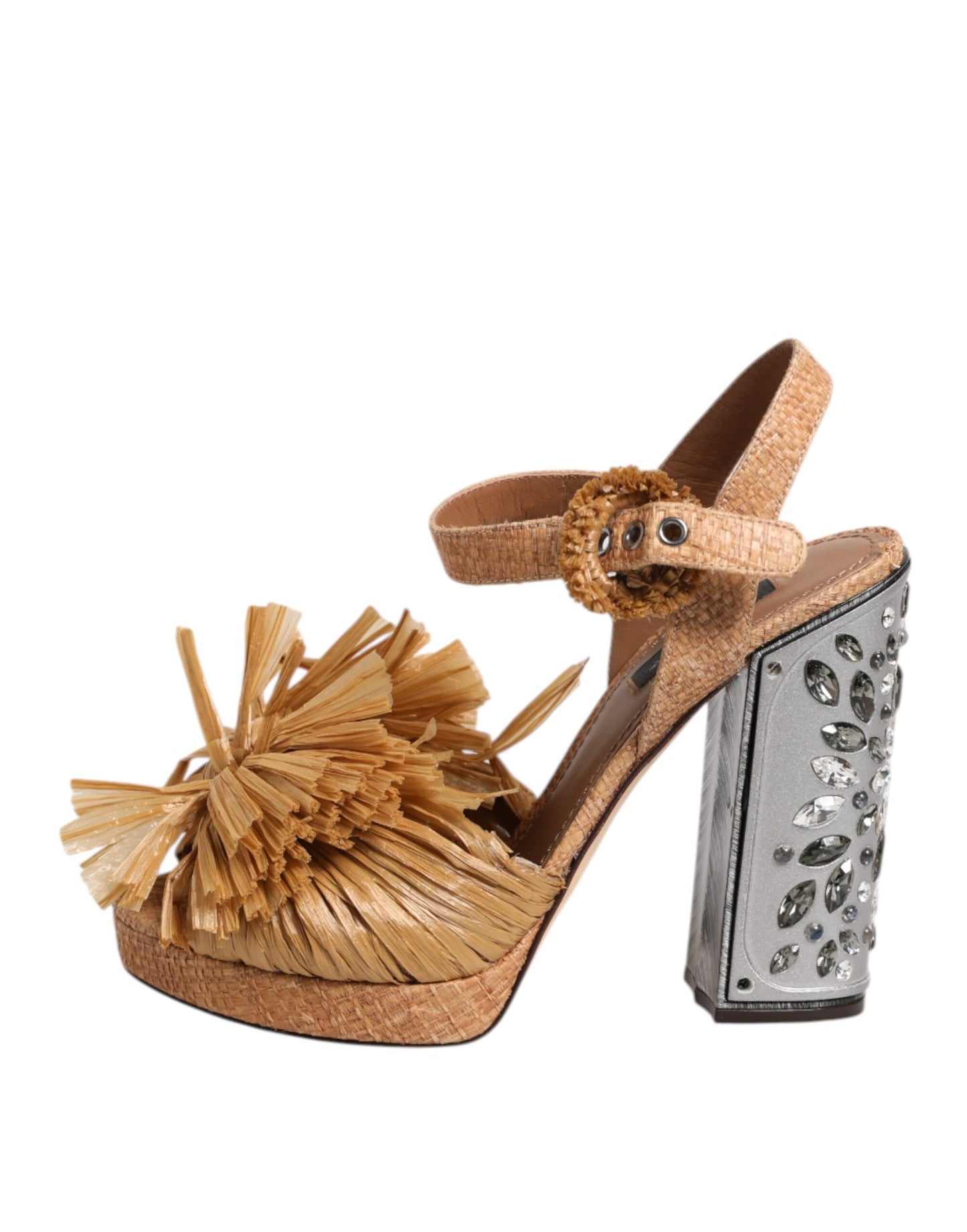 Brown Raffia Ankle Strap Crystal Sandals Shoes