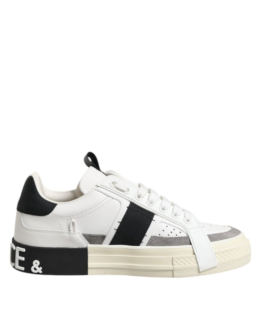 Dolce & Gabbana White Black Leather Low Top Sneakers Shoes